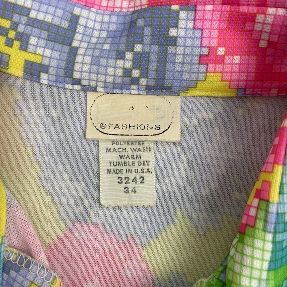 Womens Vintage 60s 70s Bright Pixelated Flower Floral Button Front Top Medium‎ - Picture 7 of 7